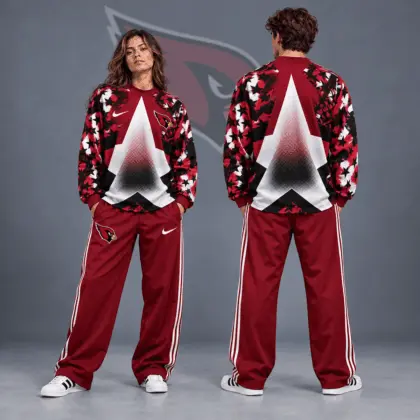 Arizona Cardinals | Premium NFL Distressed Starburst Chevron Crewneck Sweatshirt & Wide Leg Stripe Track Pants Set NDN