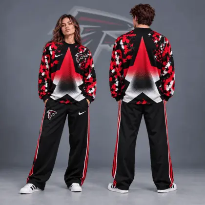 Atlanta Falcons | Premium NFL Distressed Starburst Chevron Crewneck Sweatshirt & Wide Leg Stripe Track Pants Set NDN