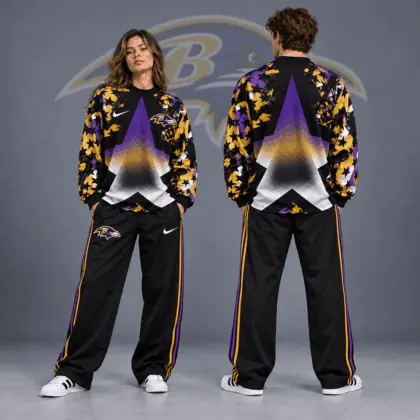 Baltimore Ravens | Premium NFL Distressed Starburst Chevron Crewneck Sweatshirt & Wide Leg Stripe Track Pants Set NDN