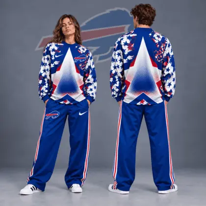 Buffalo Bills | Premium NFL Distressed Starburst Chevron Crewneck Sweatshirt & Wide Leg Stripe Track Pants Set NDN