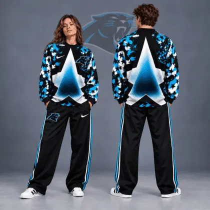 Carolina Panthers | Premium NFL Distressed Starburst Chevron Crewneck Sweatshirt & Wide Leg Stripe Track Pants Set NDN