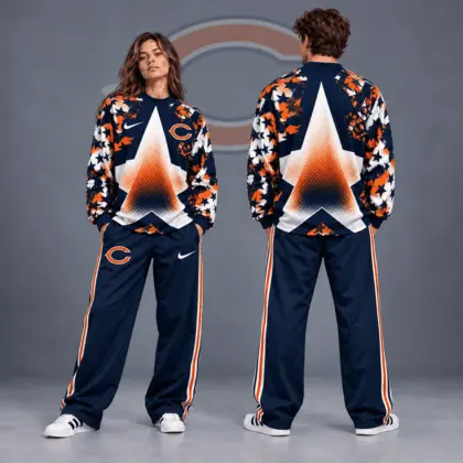 Chicago Bears | Premium NFL Distressed Starburst Chevron Crewneck Sweatshirt & Wide Leg Stripe Track Pants Set NDN