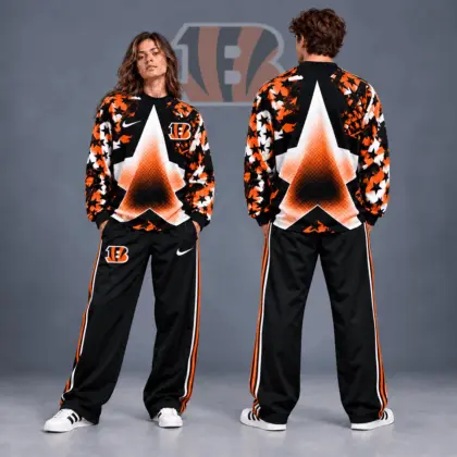 Cincinnati Bengals | Premium NFL Distressed Starburst Chevron Crewneck Sweatshirt & Wide Leg Stripe Track Pants Set NDN