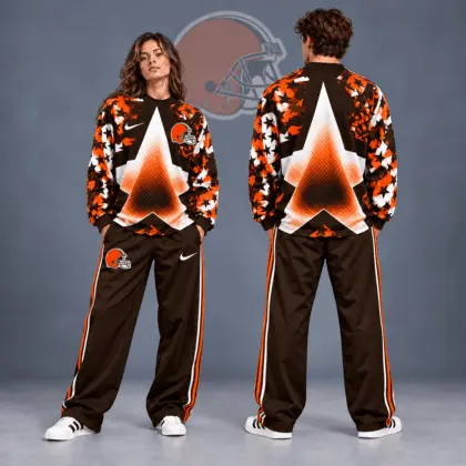 Cleveland Browns | Premium NFL Distressed Starburst Chevron Crewneck Sweatshirt & Wide Leg Stripe Track Pants Set NDN