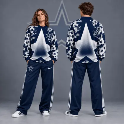 Dallas Cowboys | Premium NFL Distressed Starburst Chevron Crewneck Sweatshirt & Wide Leg Stripe Track Pants Set NDN