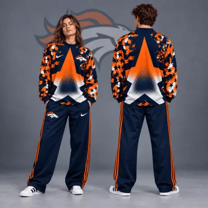 Denver Broncos | Premium NFL Distressed Starburst Chevron Crewneck Sweatshirt & Wide Leg Stripe Track Pants Set NDN