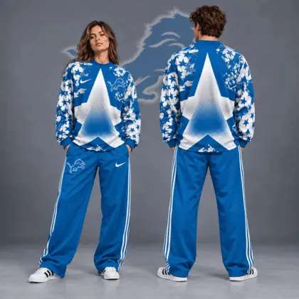 Detroit Lions | Premium NFL Distressed Starburst Chevron Crewneck Sweatshirt & Wide Leg Stripe Track Pants Set NDN