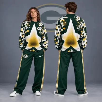 Green Bay Packers | Premium NFL Distressed Starburst Chevron Crewneck Sweatshirt & Wide Leg Stripe Track Pants Set NDN