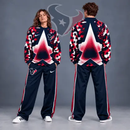 Houston Texans | Premium NFL Distressed Starburst Chevron Crewneck Sweatshirt & Wide Leg Stripe Track Pants Set NDN