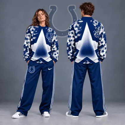 Indianapolis Colts | Premium NFL Distressed Starburst Chevron Crewneck Sweatshirt & Wide Leg Stripe Track Pants Set NDN