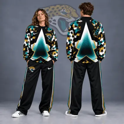 Jacksonville Jaguars | Premium NFL Distressed Starburst Chevron Crewneck Sweatshirt & Wide Leg Stripe Track Pants Set NDN