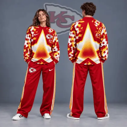 Kansas City Chiefs | Premium NFL Distressed Starburst Chevron Crewneck Sweatshirt & Wide Leg Stripe Track Pants Set NDN