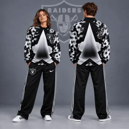 Las Vegas Raiders | Premium NFL Distressed Starburst Chevron Crewneck Sweatshirt & Wide Leg Stripe Track Pants Set NDN