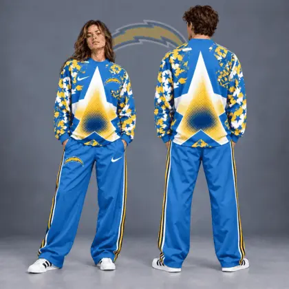 Los Angeles Chargers | Premium NFL Distressed Starburst Chevron Crewneck Sweatshirt & Wide Leg Stripe Track Pants Set NDN