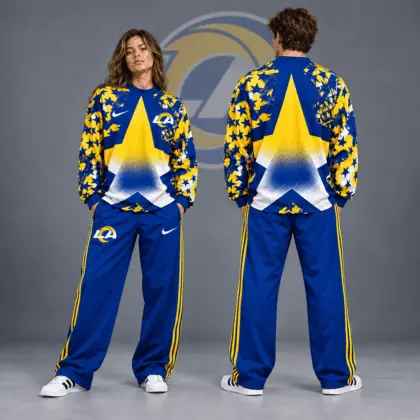 Los Angeles Rams | Premium NFL Distressed Starburst Chevron Crewneck Sweatshirt & Wide Leg Stripe Track Pants Set NDN