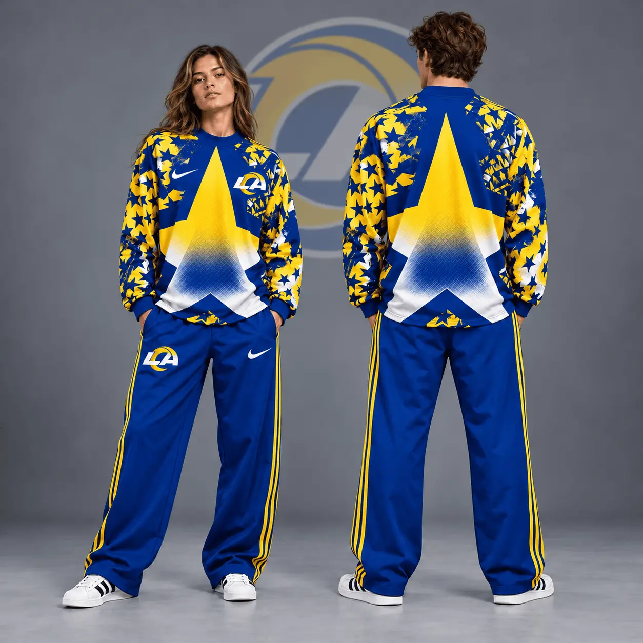 Los Angeles Rams | Premium NFL Distressed Starburst Chevron Crewneck Sweatshirt & Wide Leg Stripe Track Pants Set NDN