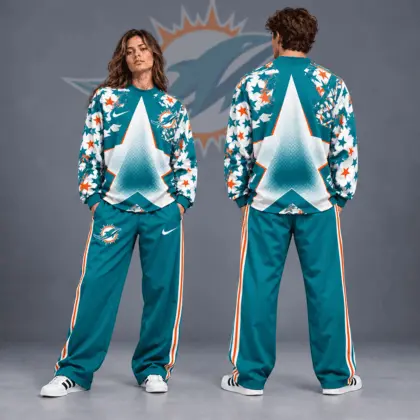 Miami Dolphins | Premium NFL Distressed Starburst Chevron Crewneck Sweatshirt & Wide Leg Stripe Track Pants Set NDN