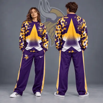 Minnesota Vikings | Premium NFL Distressed Starburst Chevron Crewneck Sweatshirt & Wide Leg Stripe Track Pants Set NDN