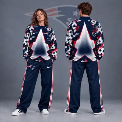 New England Patriots | Premium NFL Distressed Starburst Chevron Crewneck Sweatshirt & Wide Leg Stripe Track Pants Set NDN