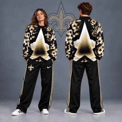 New Orleans Saints | Premium NFL Distressed Starburst Chevron Crewneck Sweatshirt & Wide Leg Stripe Track Pants Set NDN