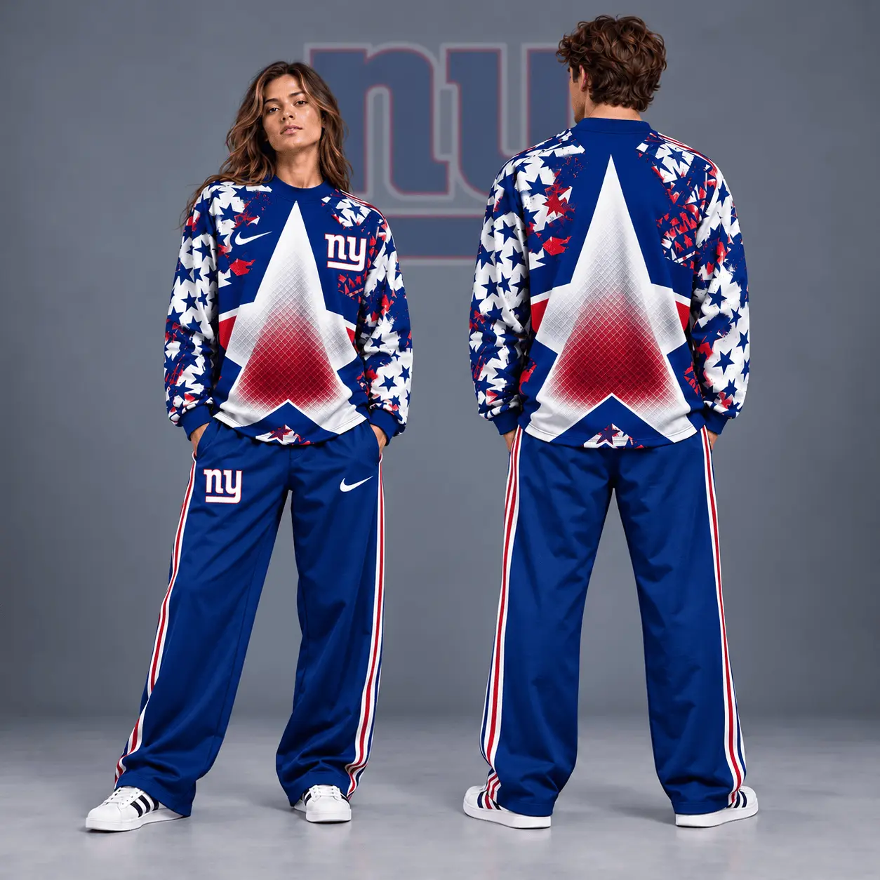 New York Giants | Premium NFL Distressed Starburst Chevron Crewneck Sweatshirt & Wide Leg Stripe Track Pants Set NDN
