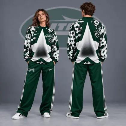 New York Jets | Premium NFL Distressed Starburst Chevron Crewneck Sweatshirt & Wide Leg Stripe Track Pants Set NDN