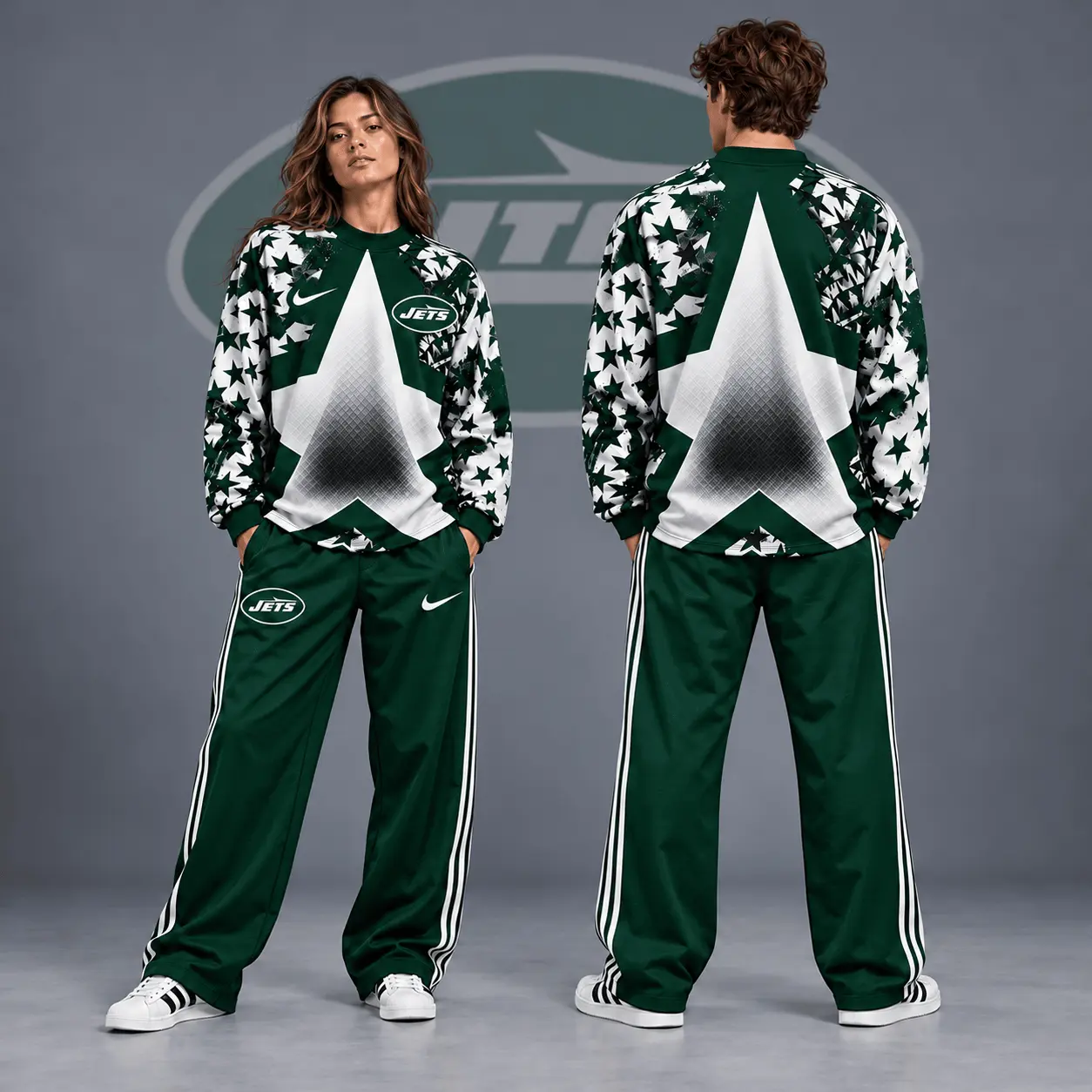 New York Jets | Premium NFL Distressed Starburst Chevron Crewneck Sweatshirt & Wide Leg Stripe Track Pants Set NDN