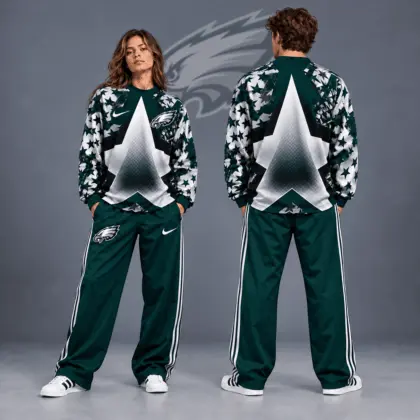 Philadelphia Eagles | Premium NFL Distressed Starburst Chevron Crewneck Sweatshirt & Wide Leg Stripe Track Pants Set NDN