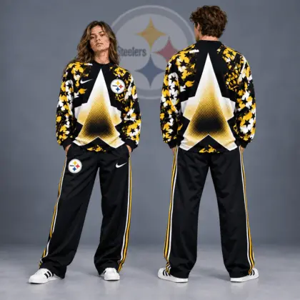 Pittsburgh Steelers | Premium NFL Distressed Starburst Chevron Crewneck Sweatshirt & Wide Leg Stripe Track Pants Set NDN