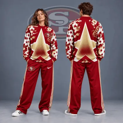 San Francisco 49ers | Premium NFL Distressed Starburst Chevron Crewneck Sweatshirt & Wide Leg Stripe Track Pants Set NDN