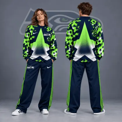 Seattle Seahawks | Premium NFL Distressed Starburst Chevron Crewneck Sweatshirt & Wide Leg Stripe Track Pants Set NDN
