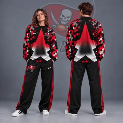 Tampa Bay Buccaneers | Premium NFL Distressed Starburst Chevron Crewneck Sweatshirt & Wide Leg Stripe Track Pants Set NDN
