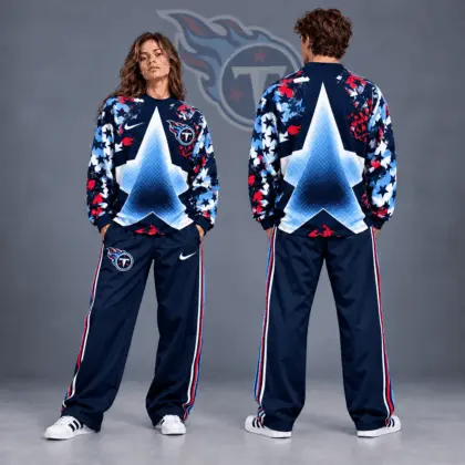 Tennessee Titans | Premium NFL Distressed Starburst Chevron Crewneck Sweatshirt & Wide Leg Stripe Track Pants Set NDN