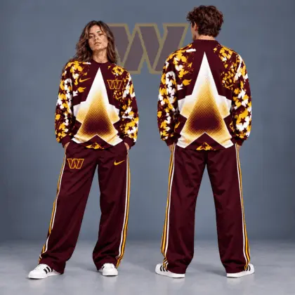 Washington Commanders | Premium NFL Distressed Starburst Chevron Crewneck Sweatshirt & Wide Leg Stripe Track Pants Set NDN