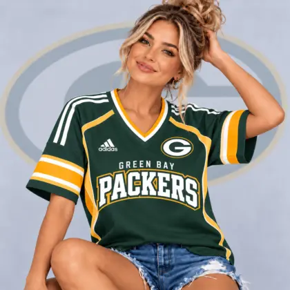 Green Bay Packers | Premium NFL Varsity Spirit V-Neck Athletic Stripe Short Sleeve Jersey T-Shirt NDN