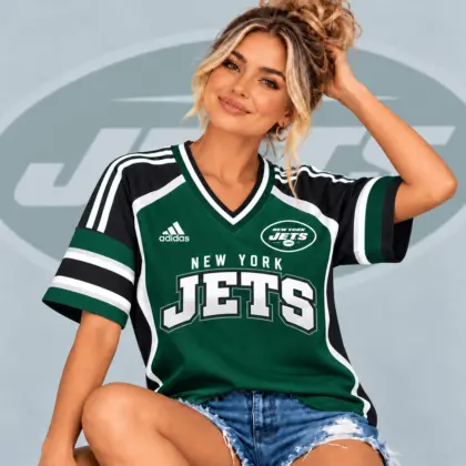 New York Jets | Premium NFL Varsity Spirit V-Neck Athletic Stripe Short Sleeve Jersey T-Shirt NDN