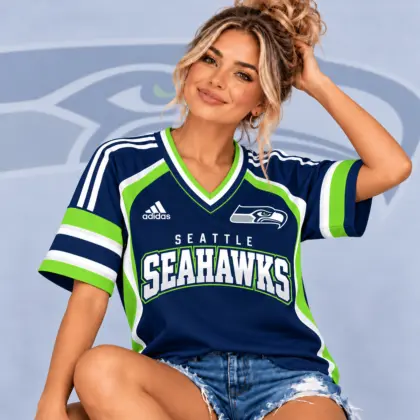Seattle Seahawks | Premium NFL Varsity Spirit V-Neck Athletic Stripe Short Sleeve Jersey T-Shirt NDN