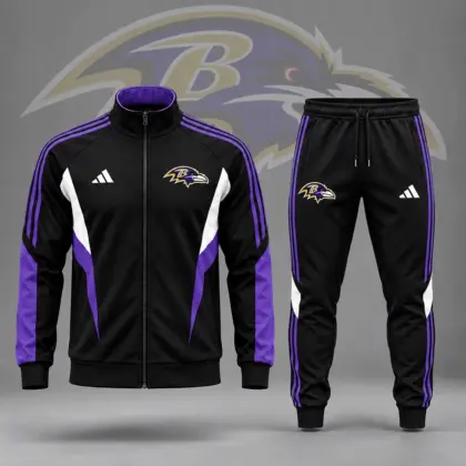 Baltimore Ravens | Premium NFL Retro Sideline Contrast Panel Zip Up Track Jacket And Matching Jogger Pants Set NDN