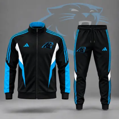 Carolina Panthers | Premium NFL Retro Sideline Contrast Panel Zip Up Track Jacket And Matching Jogger Pants Set NDN