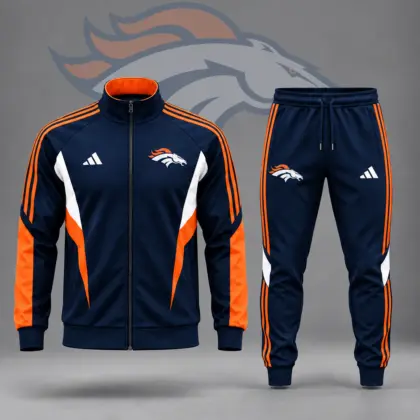 Denver Broncos | Premium NFL Retro Sideline Contrast Panel Zip Up Track Jacket And Matching Jogger Pants Set NDN