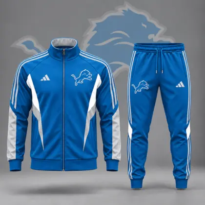Detroit Lions | Premium NFL Retro Sideline Contrast Panel Zip Up Track Jacket And Matching Jogger Pants Set NDN