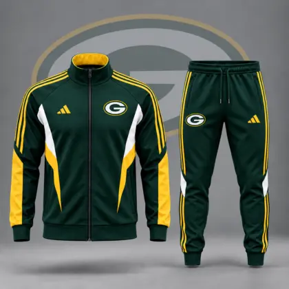 Green Bay Packers | Premium NFL Retro Sideline Contrast Panel Zip Up Track Jacket And Matching Jogger Pants Set NDN