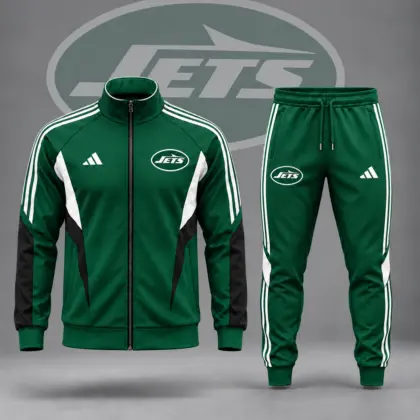 New York Jets | Premium NFL Retro Sideline Contrast Panel Zip Up Track Jacket And Matching Jogger Pants Set NDN
