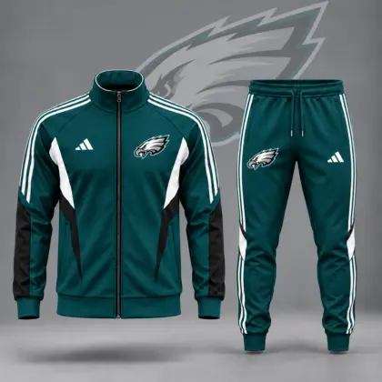 Philadelphia Eagles | Premium NFL Retro Sideline Contrast Panel Zip Up Track Jacket And Matching Jogger Pants Set NDN