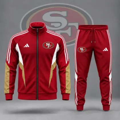 San Francisco 49ers | Premium NFL Retro Sideline Contrast Panel Zip Up Track Jacket And Matching Jogger Pants Set NDN