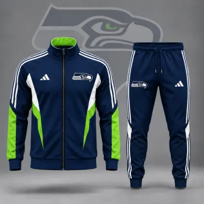 Seattle Seahawks | Premium NFL Retro Sideline Contrast Panel Zip Up Track Jacket And Matching Jogger Pants Set NDN