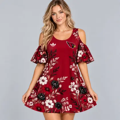 Arizona Cardinals | Premium NFL Elegant Floral Print Cold Shoulder Ruffle Sleeve A-Line Mini Dress NDN