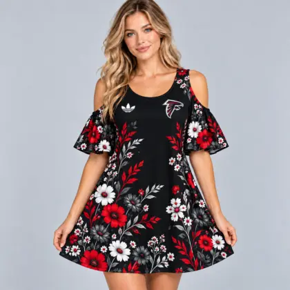Atlanta Falcons | Premium NFL Elegant Floral Print Cold Shoulder Ruffle Sleeve A-Line Mini Dress NDN