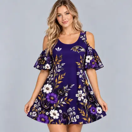 Baltimore Ravens | Premium NFL Elegant Floral Print Cold Shoulder Ruffle Sleeve A-Line Mini Dress NDN