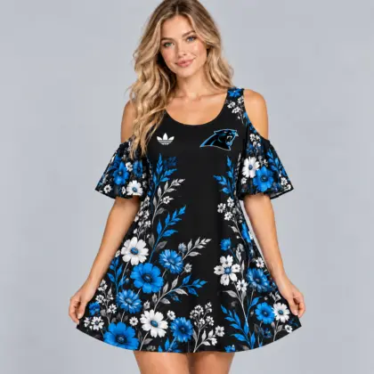 Carolina Panthers | Premium NFL Elegant Floral Print Cold Shoulder Ruffle Sleeve A-Line Mini Dress NDN